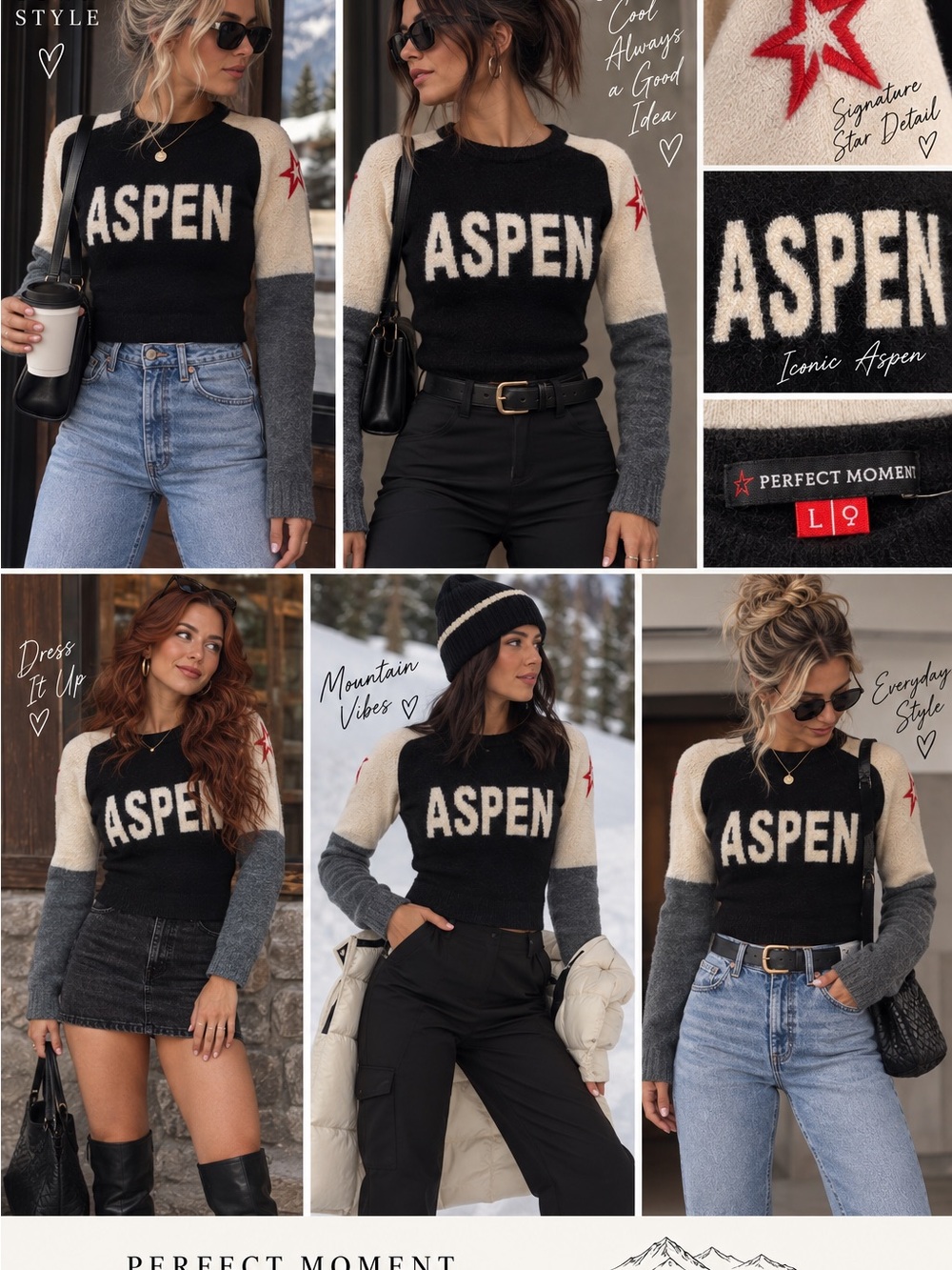 Perfect Moment Aspen 100% Merino Wool Ski Sweater Women’s L Black Cream Gray